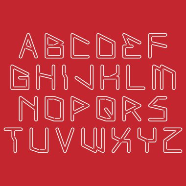 Geometrik dekoratif yazı tipi. Kırmızı arkaplan üzerine beyaz yazı dizisi. Vektör alfabesi.