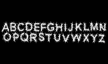 Metal müzik biçimi alfabesi. Siyah arkaplanda beyaz yazı dizisi.