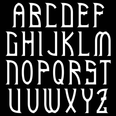 Vektör dekoratif alfabesi. Siyah arkaplanda beyaz harfler..