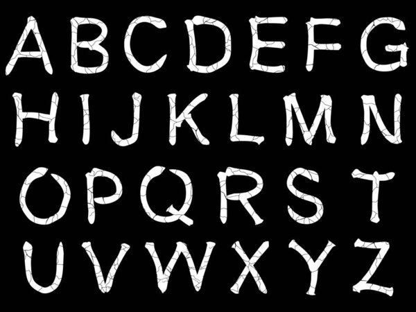 White cracked vector alphabet on black background.Art font.