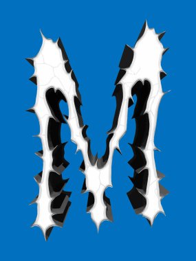 Dikenli büyük harf mavi arkaplanda izole edildi. Grunge yazı tipi.