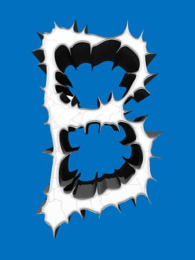 Dikenli büyük harf mavi arkaplanda izole edildi. Grunge yazı tipi.