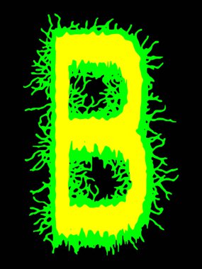  Metal müzik bandının yazı tipi. Siyah arkaplanda lekeler olan sarı-yeşil harf..