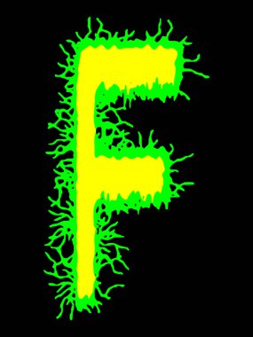  Metal müzik bandının yazı tipi. Siyah arkaplanda lekeler olan sarı-yeşil harf..