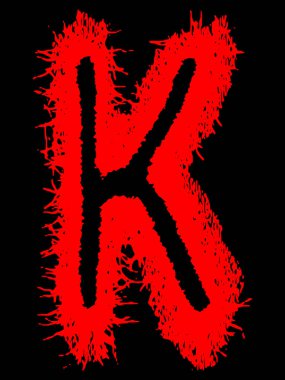 Metal müzik grubunun yazı tipi. Siyah arkaplanda lekeler olan kırmızı harf..