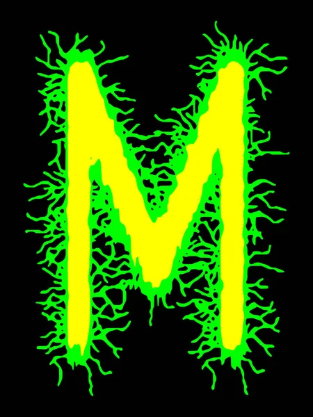 金属乐队的字体 黑色背景上有污迹的黄绿色字母 — 图库矢量图片