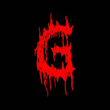 Metal müzik grubunun yazı tipi. Siyah arkaplanda lekeler olan kırmızı harf..
