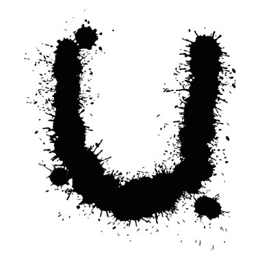 Beyaz arkaplanda siyah mürekkep lekeleri var. El çizimi vektör harfleri..