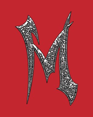 Kırmızı arkaplanda kaba yüzeyi olan harf.