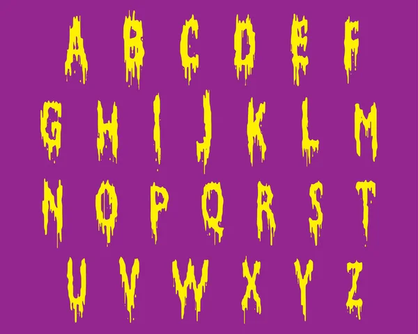 Druppelende Verf Alfabet Gele Letters Lila Achtergrond Vector Illustratie — Stockvector