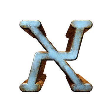 Eski mavi metalik harf. Paslı 3D yüzey çizimi. Sanat yazı tipi..