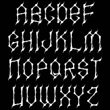 Modern gotik biçim tipi. Siyah arkaplan üzerine beyaz alfabe..