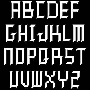 Modern gotik biçim tipi. Siyah arkaplan üzerine beyaz alfabe..