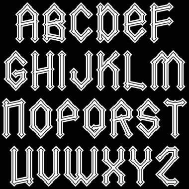 Modern gotik biçim tipi. Siyah arkaplan üzerine beyaz alfabe..