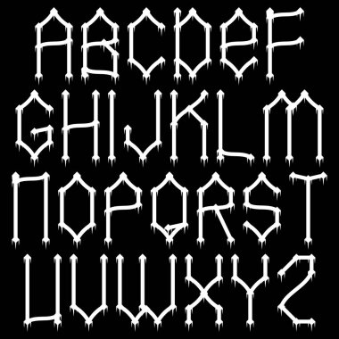 Modern gotik biçim tipi. Siyah arkaplan üzerine beyaz alfabe..