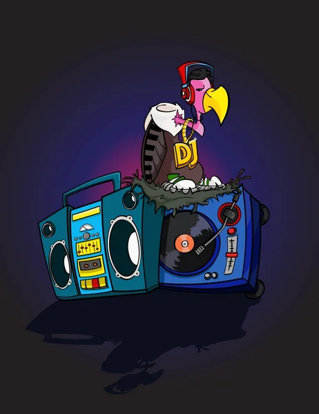 Dibujado a mano DJ Buitre disco estilo de dibujos animados con Boombox y tocadiscos — Vector de stock