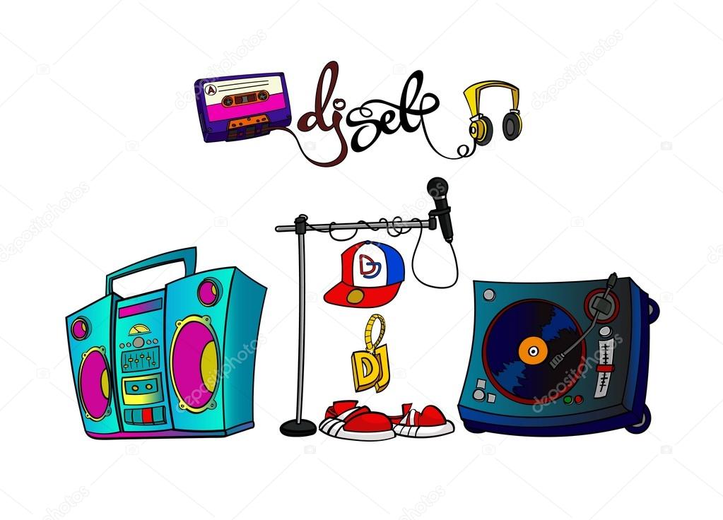 Hand drawn DJ music set with custom lettering, calligraphic font. Use it in your own flyers, booklets, posters or print it on t-shirts - stock vector