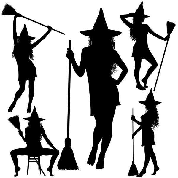 Halloween heks met bezem silhouetten. — Stockvector