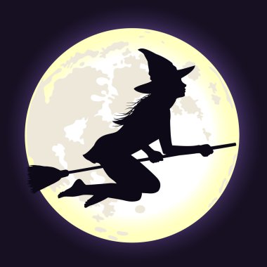 Siyah tarih ay süpürgesine uçan cadı silüeti.
