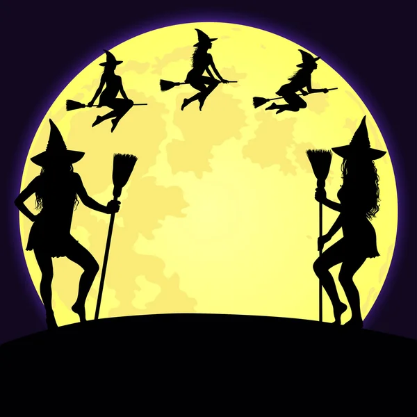 Halloween sorcières debout et volant sur fond de lune fou . — Image vectorielle