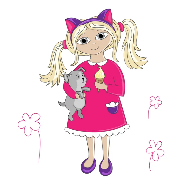 Menina de cabeça com orelhas de gato, com sorvete e filhote de cachorro. Ilustração vetorial para o seu design — Vetor de Stock