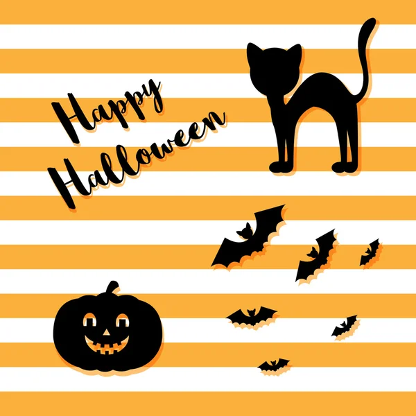 Elementos vectoriales para Halloween. Calabaza, murciélago, gato negro sobre fondo de rayas anaranjadas. Se puede utilizar como un póster, volante, postal . — Archivo Imágenes Vectoriales