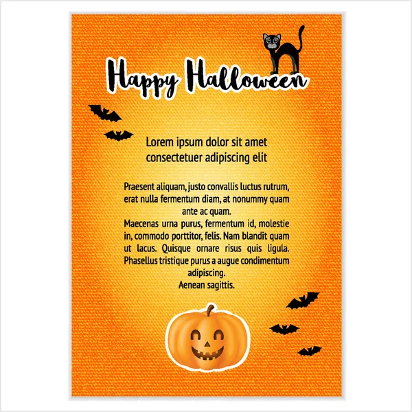 Διανυσματικό πρότυπο για την πρόσκληση σχεδιασμού για Απόκριες. Κολοκύθα, νυχτερίδα, μαύρη γάτα σε πορτοκαλί φόντο. Μπορεί να χρησιμοποιηθεί ως αφίσα, Φέιγ βολάν, καρτ ποστάλ. — Διανυσματικό Αρχείο