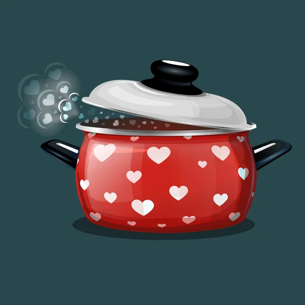 Ilustración vectorial de una olla roja, el vapor sale de ella en forma de corazones. Tarjeta para el día de San Valentín . — Vector de stock