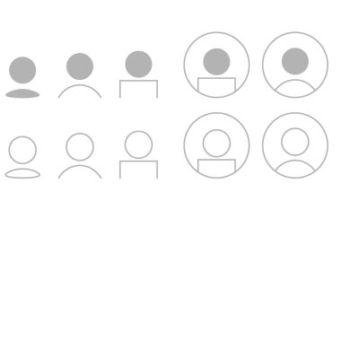 Gösterge panelleri, uygulamalar, ayarlar ve minimalist UI düzeni için sadeleştirilmiş biçimlerde temiz gri kullanıcı simgeleri.