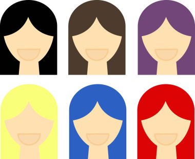 Düz vektör tarzında minimalist kadın yüzleri, geniş gülücükler ve koyu saç renkleri ile siyah, kahverengi, mor, sarı, mavi ve kırmızı.