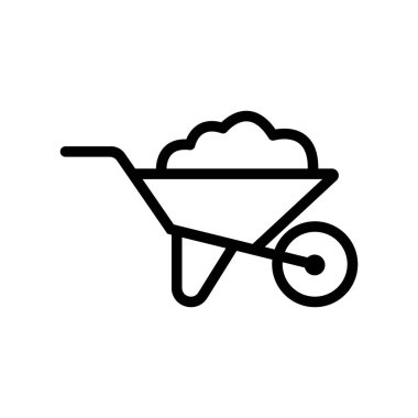 Toprakla dolu siyah el arabası simgesi beyaz zemin üzerinde izole edilmiştir; bu çizgi genellikle bahçe veya peyzaj görevlerinde kullanılan ekipmanları tasvir etmektedir.