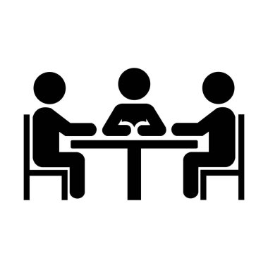 Three faceless figures are shown seated at a table, engaged in a meeting, all presented in silhouette, against a white background.