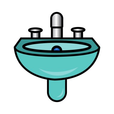 Blue basin sink with faucet and knobs features black outlines, creating a simple yet visually appealing element over a clean white background.