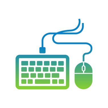 Depicts a gradient keyboard with squared keys and a connected mouse via blue cable, all presented on a clean, white background for simplicity.