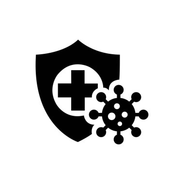 Black vector image showing a shield protecting from a virus, featuring a medical cross symbol, set against a white backdrop that emphasizes the health theme.