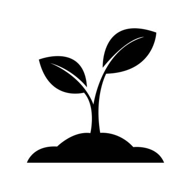 Isolated against white, a simplified black seedling icon features two leaves emerging from a mound of soil; a symbol of growth and renewal against transparent backdrop.