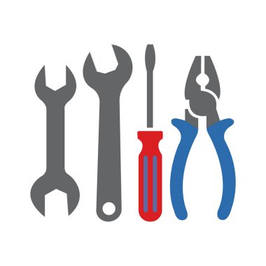 Presenting various hand tools Two wrenches in gray, a red handled screwdriver, and blue handled pliers aligned against a transparent backdrop, perfect for tool or repair visuals.