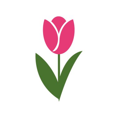 The stylized tulip icon presents a vibrant pink blossom atop a simple green stem and leaves, isolated against a clean white backdrop, conveying minimalist beauty.
