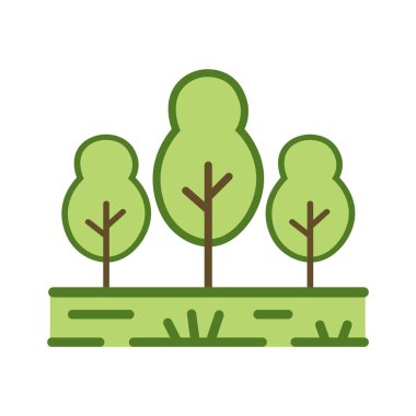 Vivid cartoon depiction features three stylized trees with rounded canopies, rising from a strip of green land complete with small tufts of grass. Isolated on a clean white background.
