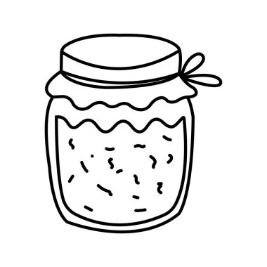 Black line art represents a jar filled with a chunky substance, secured with a tied cloth, against a stark white backdrop, perfect for minimalist uses.