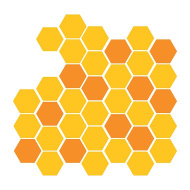 An irregular geometric arrangement presents interlocking yellow and orange hexagons forming a honeycomb pattern against a clean, white background.
