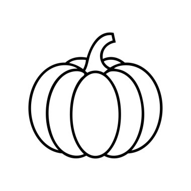 Simple black outline perfectly depicts a stylized pumpkin with curved segments and a short stem against a stark white background, creating a minimalist yet clear visual.