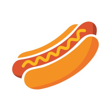 Orange hotdog with yellow mustard on a bun is depicted against a white background, simple flat food vector.