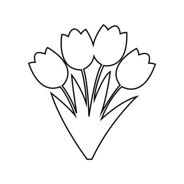 Black outline showing a bouquet consisting of four tulip flowers and some long pointed leaves in a simple, stylized arrangement on white background.