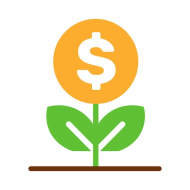 Topraktan filizlenen canlı yeşil yapraklarla büyüyen bir madeni para fabrikasını resmediyor. Beyaz bir arka planı olan finansal büyüme ve yatırımı simgeliyor..