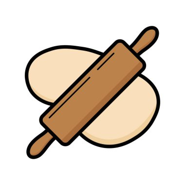 Ahşap bir oklava, basit bir çizgi film tarzında sunulan bir hamur parçasının üzerinde durmaktadır. Temiz, beyaz bir arkaplan üzerine kuruludur..