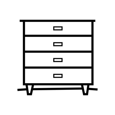 Bir göğsün basit çizimi beyaz arka planda siyah dört çekmece sandığını gösteriyor. Çekmecelerin küçük, dikdörtgen çekişleri var..