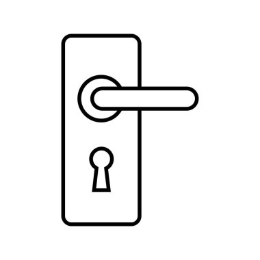 This graphic presents a clear, minimalist black outline of a rectangular door handle, complete with a simple lever and keyhole, set against a white background.