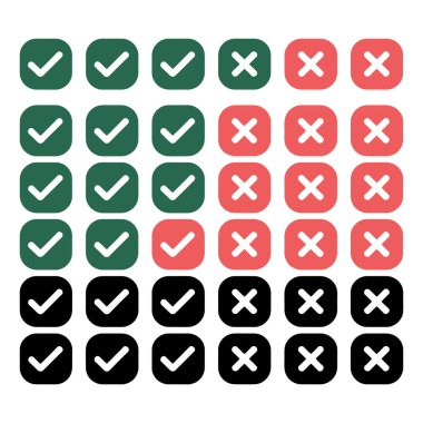 Yeşil, kırmızı ve siyah olarak çok yönlü işaretler ve çapraz simgeler kümesi, UI tasarımı, geri bildirim ve karar alma uygulamaları için mükemmel.