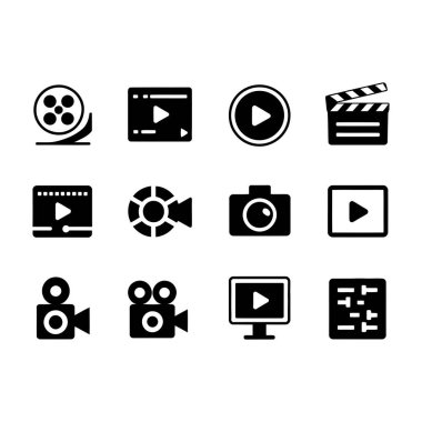 Video, film, oynatma, kamera ve ortam oynatıcı fonksiyonlarını temsil eden kapsamlı simge seti.